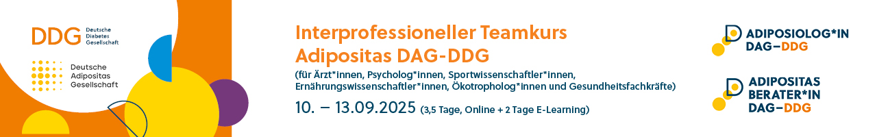 Header Banner für die Konferenz: Interprofessioneller Teamkurs Adipositas DAG-DDG . Diese geht vom 10. September 2025 bis 13. September 2025 in Online.