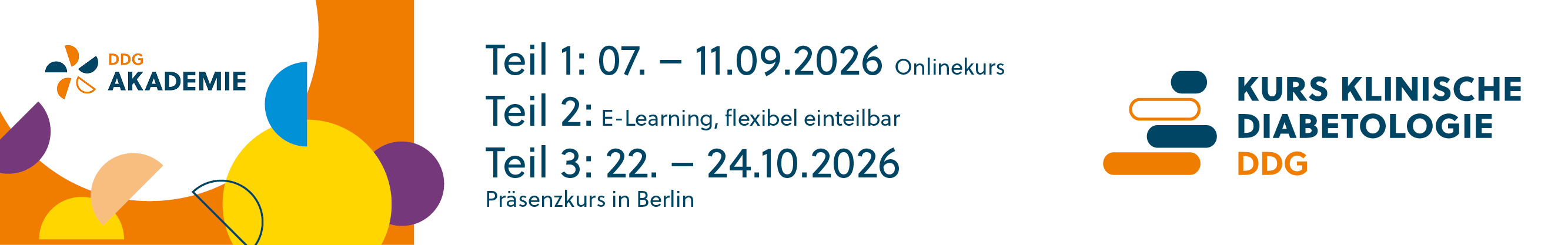 Header Banner für die Konferenz: 109. Kurs Klinische Diabetologie 2026. Diese geht vom 7. September 2026 bis 24. Oktober 2026 in online - Berlin.